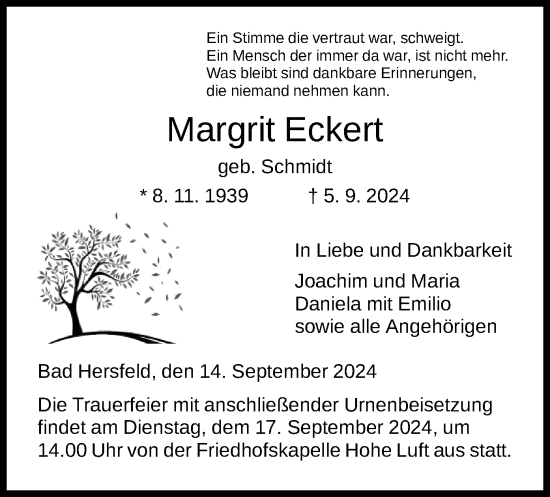 Todesanzeige von Margrit Eckert von HZ