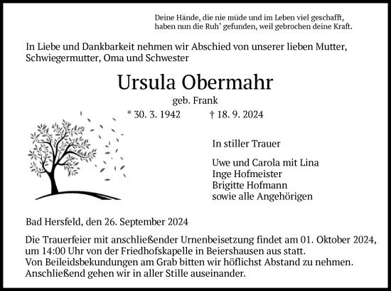 Todesanzeige von Ursula Obermahr von HZ