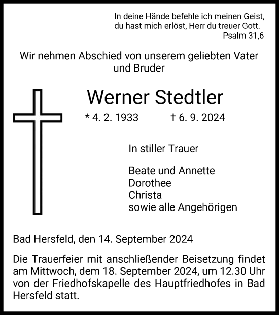 Todesanzeige von Werner Stedtler von HZ