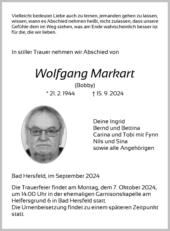 Todesanzeige von Wolfgang Markart von HZ