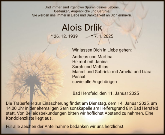 Todesanzeige von Alois Drlik von HZ