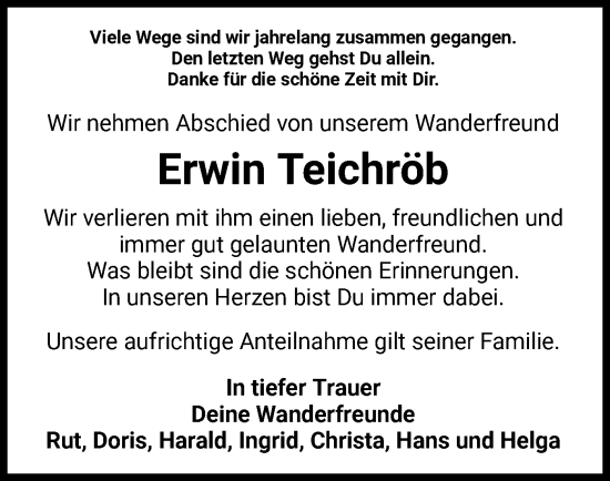 Todesanzeige von Erwin Teichröb von HZ