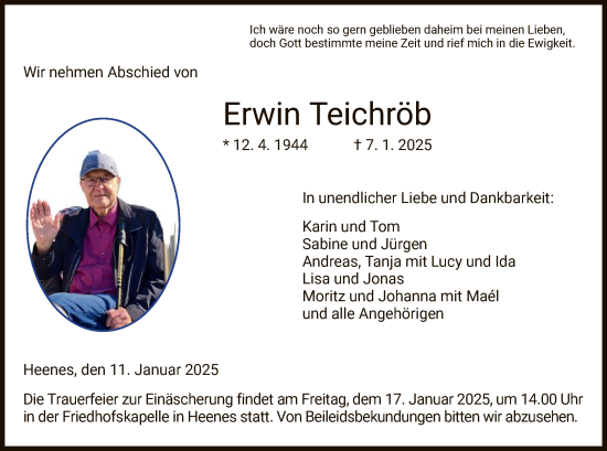 Todesanzeige von Erwin Teichröb von HZ