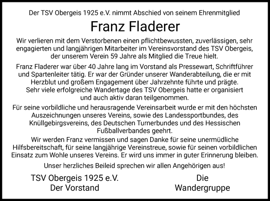 Todesanzeige von Franz Fladerer von HZ