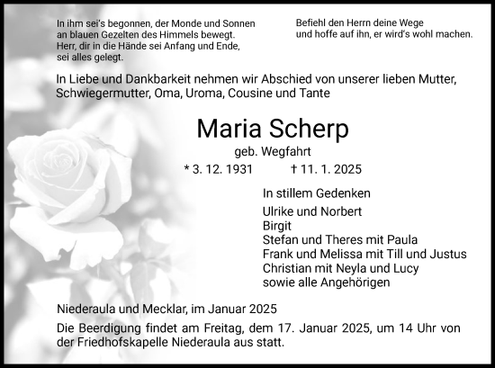 Todesanzeige von Maria Scherp von HZ