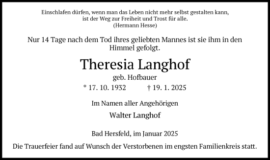 Todesanzeige von Theresia Langhof von HZ