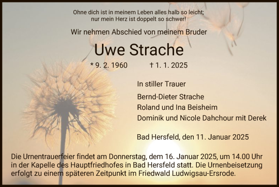 Todesanzeige von Uwe Strache von HZ