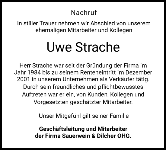 Todesanzeige von Uwe Strache von HZ