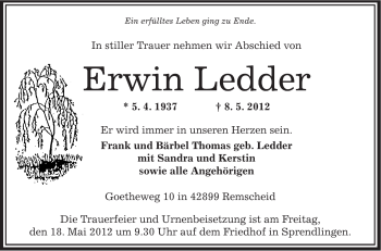 Todesanzeige von Erwin Ledder von OFFENBACH-POST/HANAU-POST