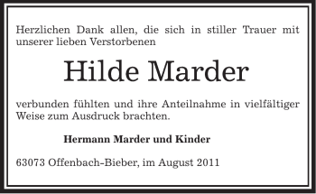 Todesanzeige von Hilde Mader von OFFENBACH-POST/HANAU-POST