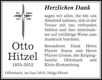 Todesanzeige von Otto Hitzel von OFFENBACH-POST/HANAU-POST