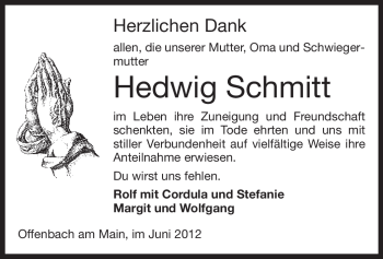 Todesanzeige von Hedwig Schmitt von OFFENBACH-POST/HANAU-POST