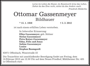 Todesanzeige von Ottomar Gassenmeyer von OFFENBACH-POST/HANAU-POST