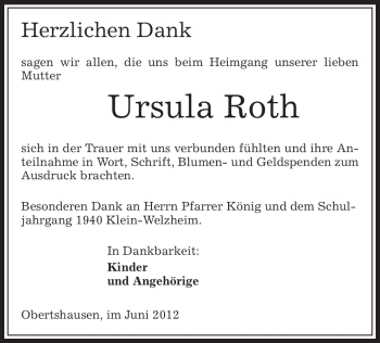 Todesanzeige von Ursula Roth von OFFENBACH-POST/HANAU-POST