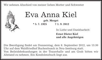 Todesanzeige von Eva Anna Kiel von Offenbach