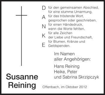 Todesanzeige von Susanne Reining von Offenbach