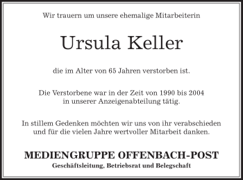 Todesanzeige von Ursula Keller von Offenbach