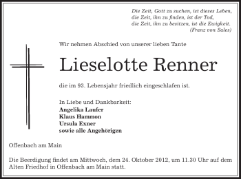 Todesanzeige von Lieselotte Renner von Offenbach