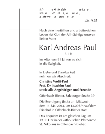 Todesanzeige von Karl Andreas Paul von Offenbach