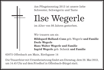 Todesanzeige von Ilse Wegerle von Offenbach