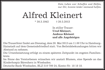 Todesanzeige von Alfred Kleinert von Offenbach