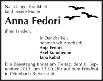 Todesanzeige von Anna Fedori von Offenbach