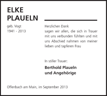 Todesanzeige von Elke Plaueln von Offenbach