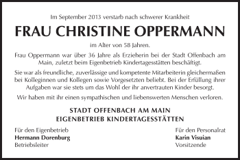 Todesanzeige von Christine Oppermann von Offenbach