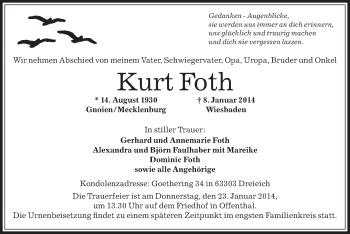 Todesanzeige von Kurt Foth von Offenbach