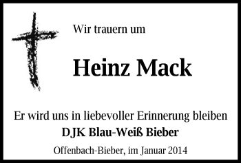 Todesanzeige von Heinz Mack von Offenbach