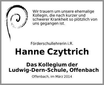 Todesanzeige von Hanne Czyttrich von Offenbach