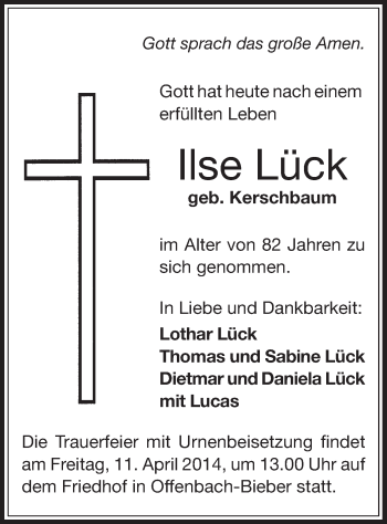 Todesanzeige von Ilse Lück von Offenbach
