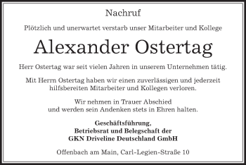 Todesanzeige von Alexander Ostertag von Offenbach