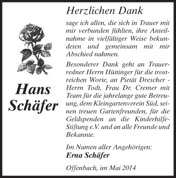 Todesanzeige von Hans Schäfer von Offenbach