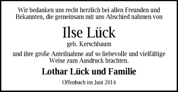Todesanzeige von Ilse Lück von Offenbach