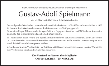 Todesanzeige von Gustav-Adolf Spielmann von Offenbach