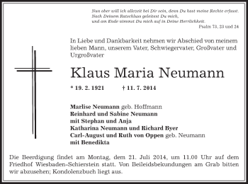 Todesanzeige von Klaus Maria Neumann von Offenbach