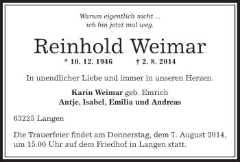 Todesanzeige von Reinhold Weimar von Offenbach