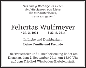Todesanzeige von Felicitas Wulfmeyer von Offenbach