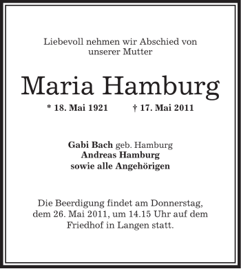 Todesanzeige von Maria Hamburg von OFFENBACH-POST/HANAU-POST