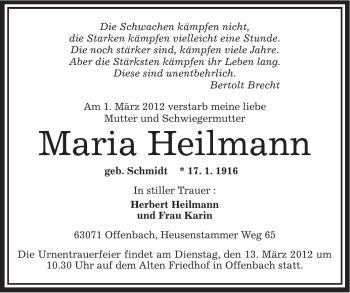 Todesanzeige von Maria Heilmann von OFFENBACH-POST/HANAU-POST