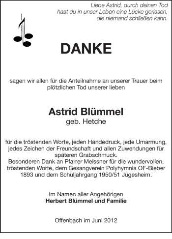 Todesanzeige von Astrid Blümmel von OFFENBACH-POST/HANAU-POST