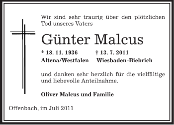 Todesanzeige von Günter Malcus von OFFENBACH-POST/HANAU-POST