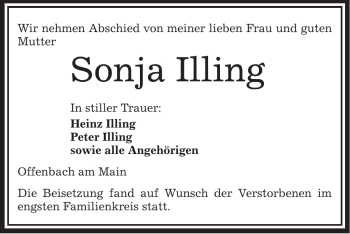 Todesanzeige von Sonja Illing von OFFENBACH-POST/HANAU-POST