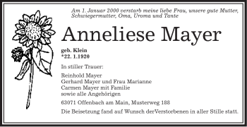 Todesanzeige von Anneliese Mayer von OFFENBACH-POST/HANAU-POST