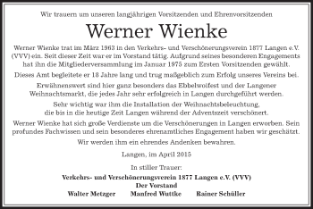 Todesanzeige von Werner Wienke von Offenbach