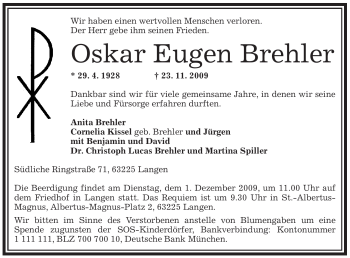 Todesanzeige von Oskar Eugen Brehler von OFFENBACH-POST/HANAU-POST