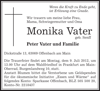 Todesanzeige von Monika Vater von OFFENBACH-POST/HANAU-POST