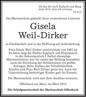 Todesanzeige von Gisela Weil-Dirker von OFFENBACH-POST/HANAU-POST