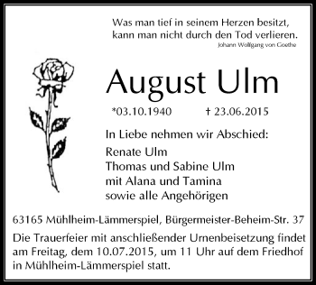 Todesanzeige von August Ulm von Offenbach